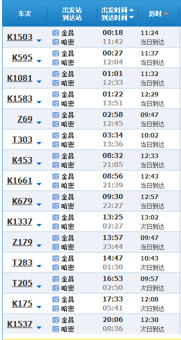 最新班次列车时刻表